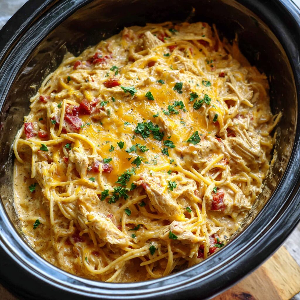A slow cooker filled with creamy, cheesy chicken spaghetti mixed with bits of red tomato and topped with fresh parsley.