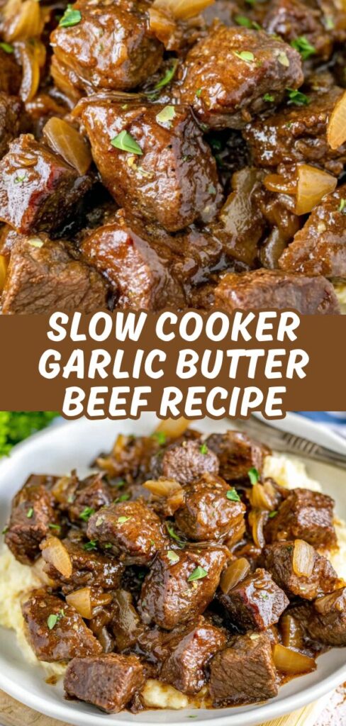 A vertical collage showcasing tender, savory beef tips in a glossy garlic butter gravy served over creamy mashed potatoes.