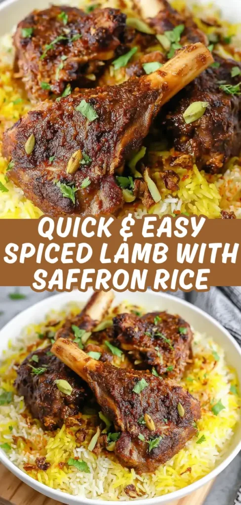 Rich, braised lamb shanks seasoned with warm spices, served over a fluffy bed of yellow and white saffron rice.