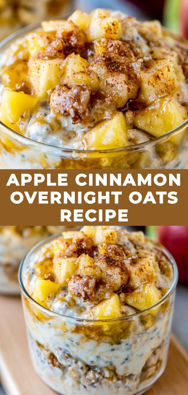 A jar filled with creamy overnight oats, layered with spiced apple chunks and a sprinkle of cinnamon.