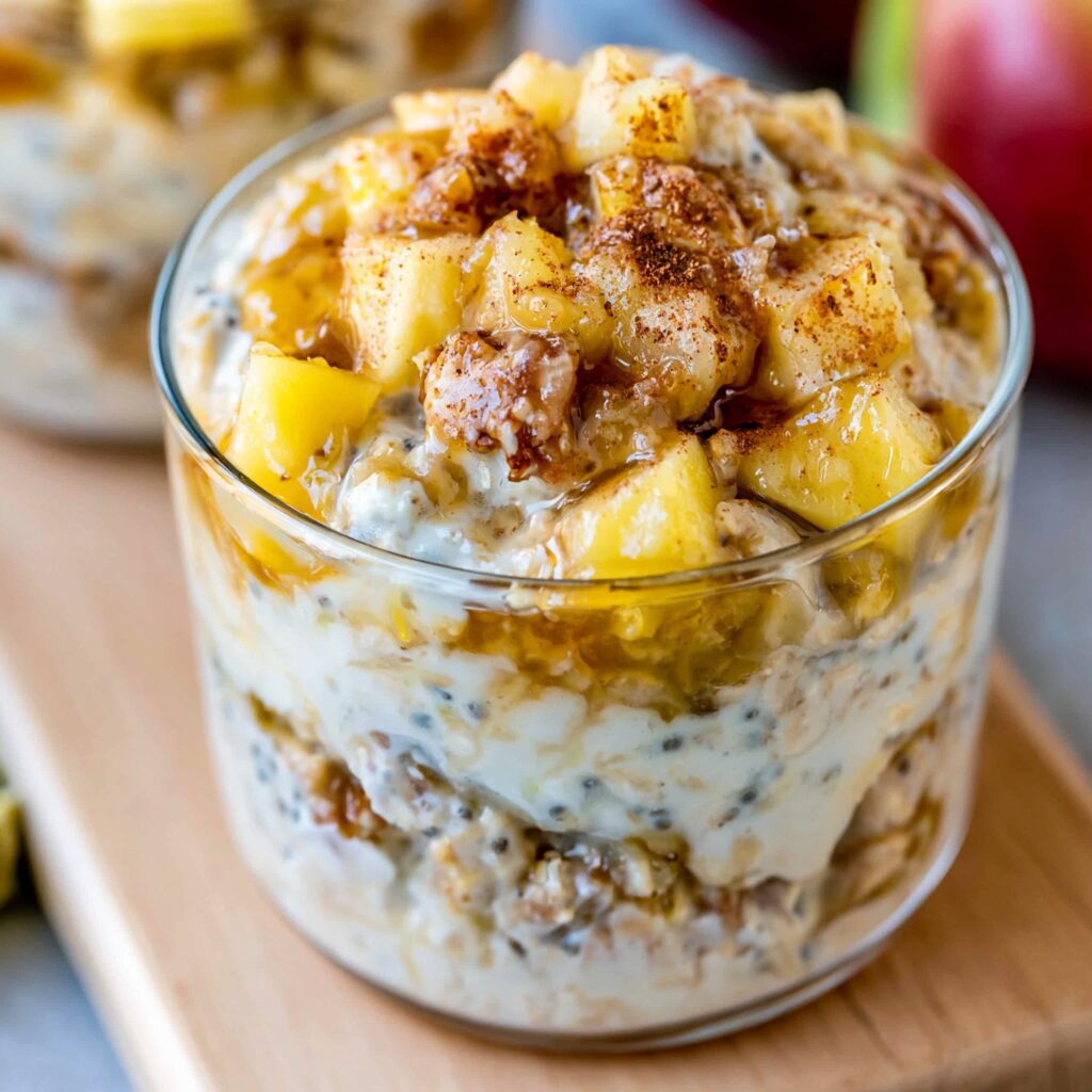 A mason jar filled with creamy overnight oats topped with diced apples, a sprinkle of cinnamon, and a few whole oats.