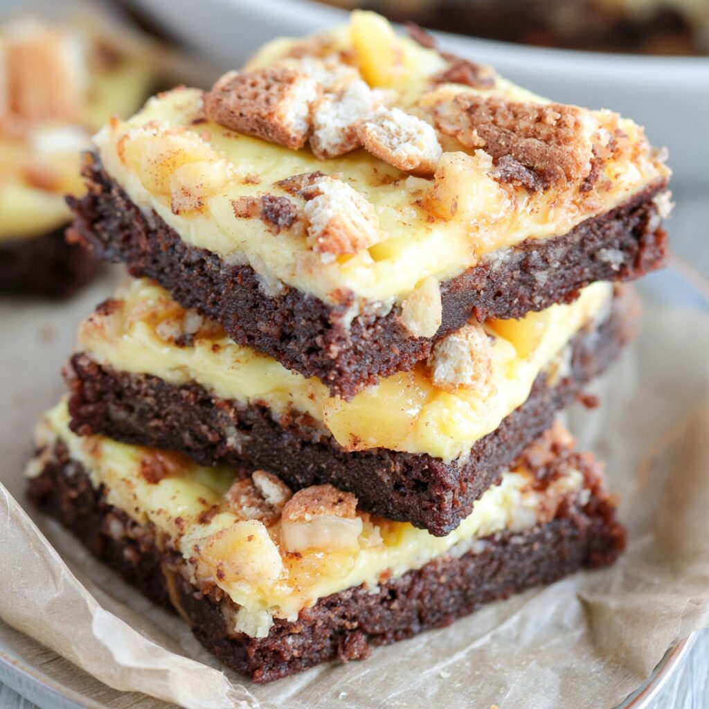 Rich, fudgy brownies swirled with creamy banana pudding and topped with vanilla wafers.