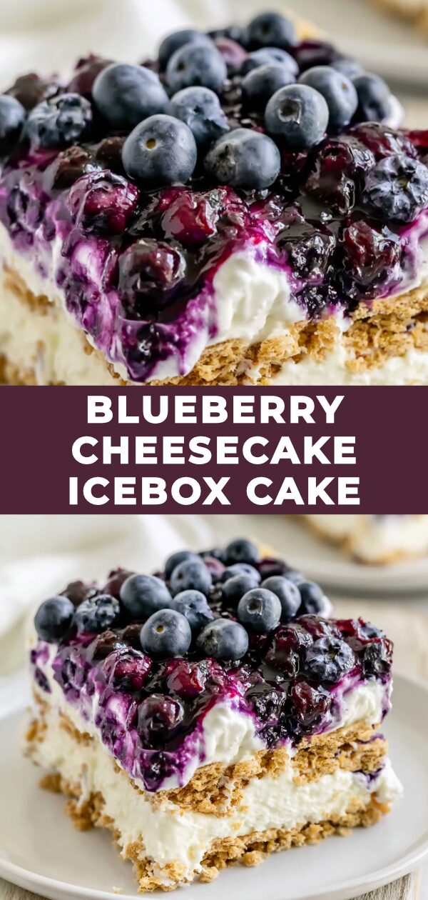 A luscious blueberry cheesecake icebox cake rests on a white platter, adorned with fresh blueberries.