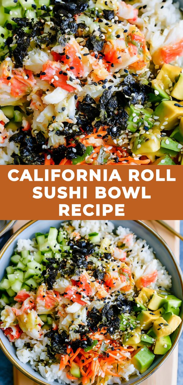 A vibrant deconstructed California roll served in a bowl, featuring imitation crab, avocado, cucumber, and rice.