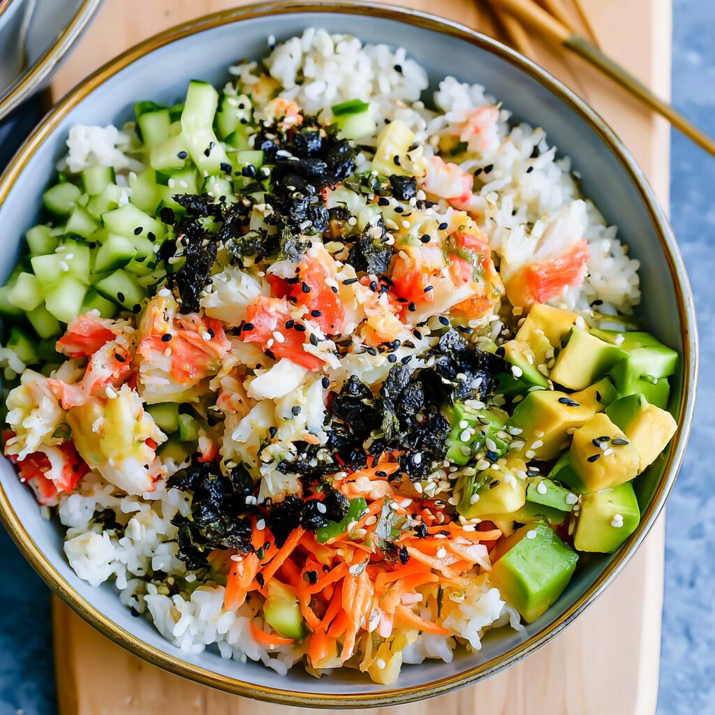 A deconstructed California Roll arranged in a bowl with rice, avocado, crab, cucumber, and seaweed.