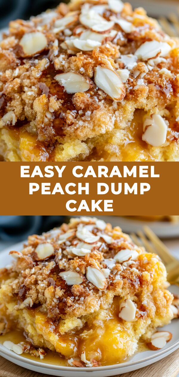 A golden-brown baked dessert showing dollops of melted caramel and visible peach chunks beneath a textured topping.
