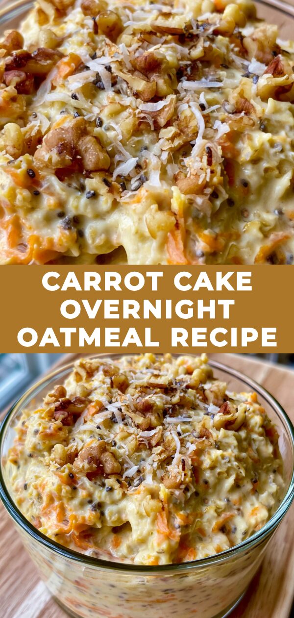 Overnight oats made with shredded carrots, warm spices, and a cream cheese swirl evoke the flavors of carrot cake.