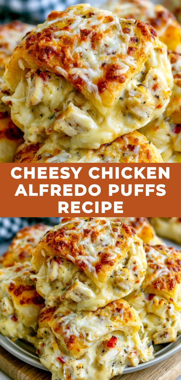 Golden-brown, bite-sized pastries filled with creamy chicken alfredo, perfect for a savory appetizer.