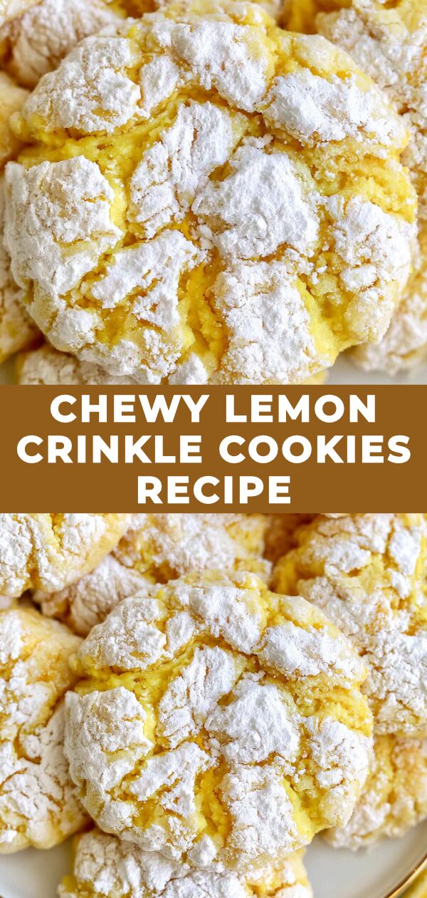 Soft, bright yellow lemon cookies with a powdered sugar dusting and a crinkled texture.