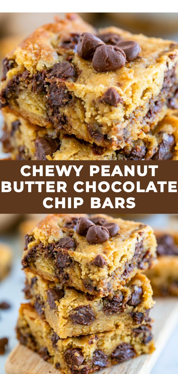 Rich, chewy bars packed with peanut butter and chocolate chips, perfect for a sweet treat.