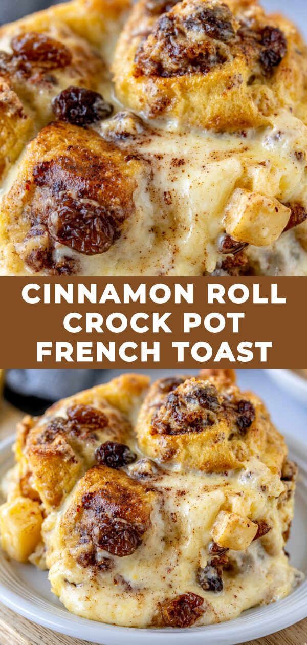 Sticky, sweet cinnamon roll French toast baked in a slow cooker, ready to be devoured.