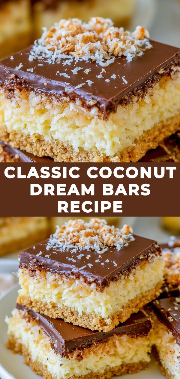 A perfectly sliced piece of coconut bar with a golden-brown base and a fluffy white topping sits on a white plate, inviting a bite.