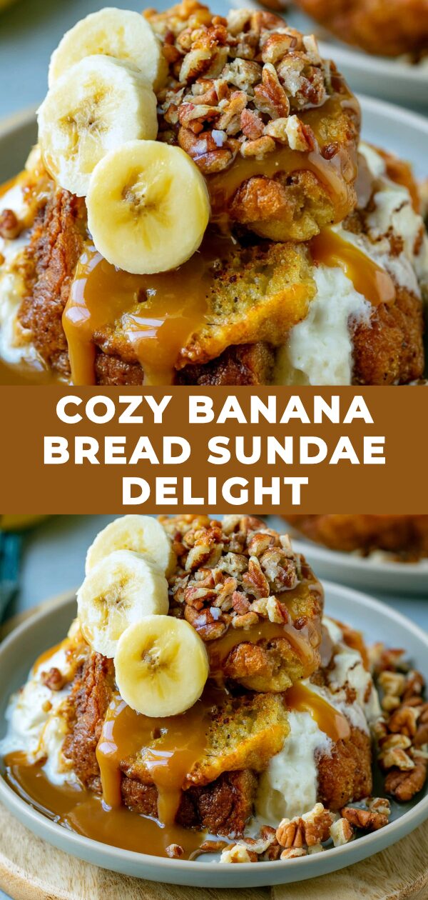 A warm slice of banana bread is topped with melting ice cream, whipped cream, and a cherry for a decadent dessert.