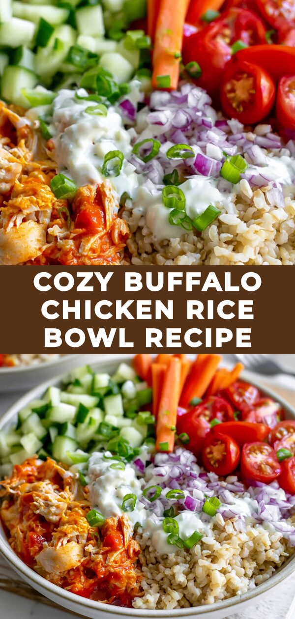 A hearty bowl of shredded buffalo chicken, fluffy rice, and a cooling ranch drizzle, perfect for a flavorful meal.