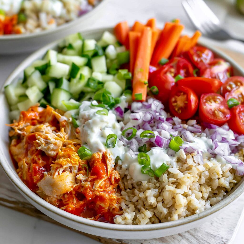 Hearty chicken and rice bowl bursting with buffalo sauce flavor, ready to be assembled.