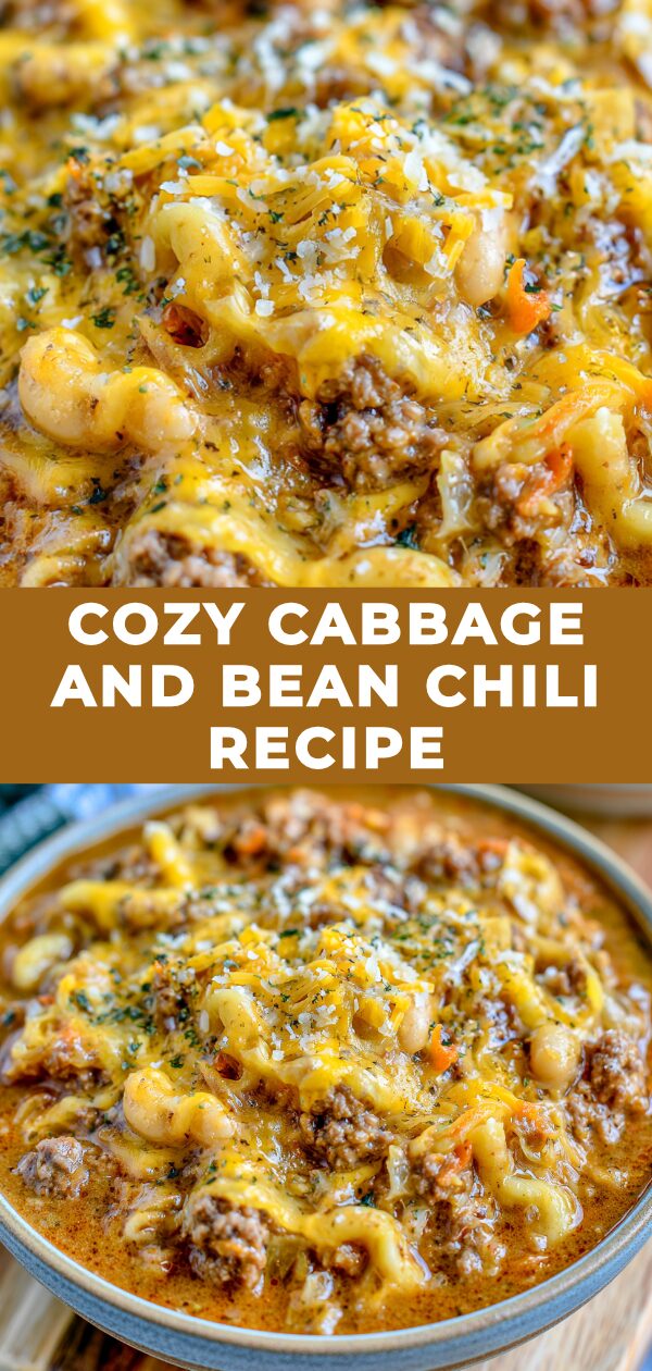 A comforting bowl of rustic chili featuring tender cabbage and hearty beans, perfect for a chilly evening.