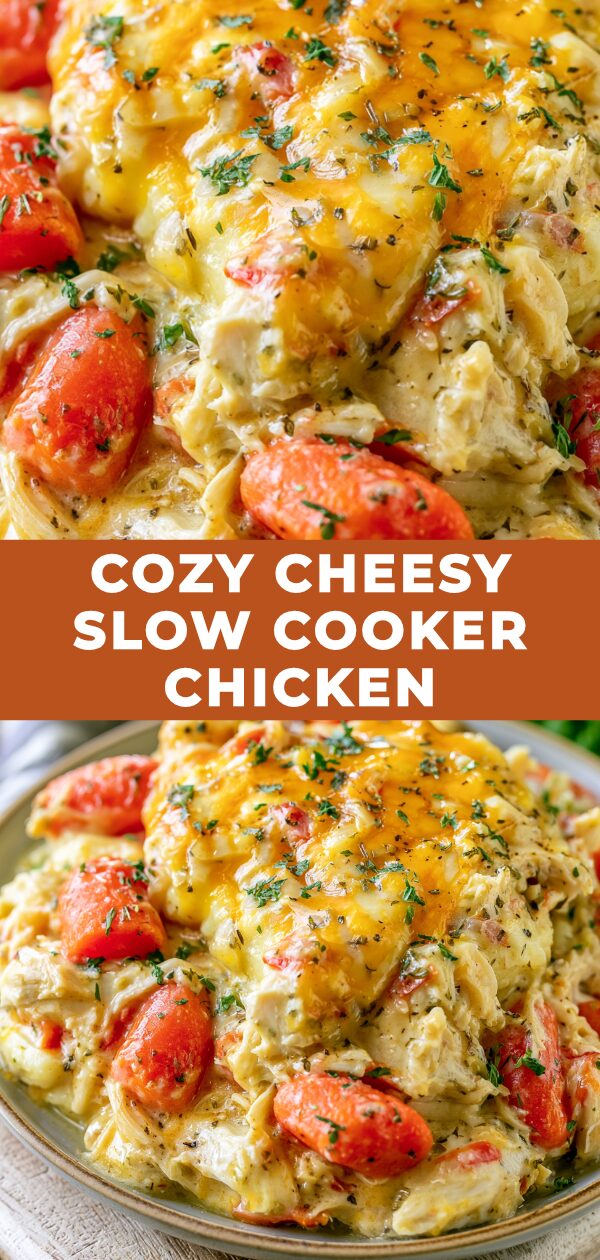 A slow cooker filled with creamy, cheesy chicken, topped with fresh parsley.