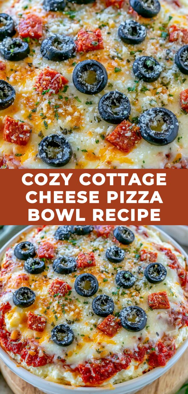 A rustic bowl overflowing with pizza-topped cottage cheese, perfect for a healthy meal.