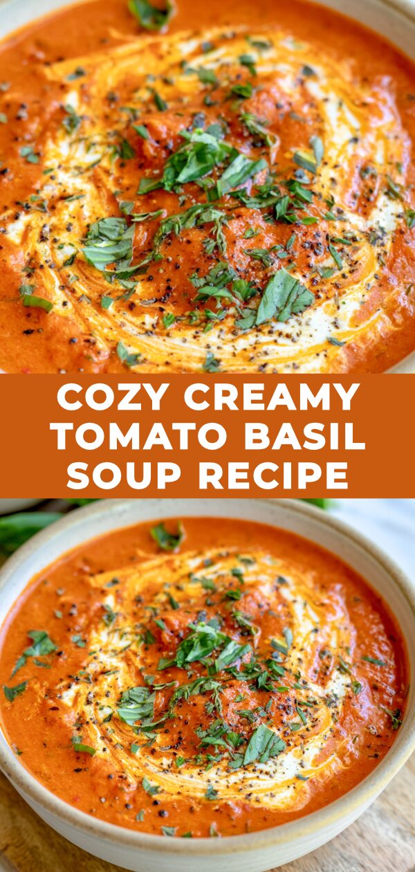 A steaming bowl of rich tomato basil soup with a swirl of cream sits invitingly on a rustic table.