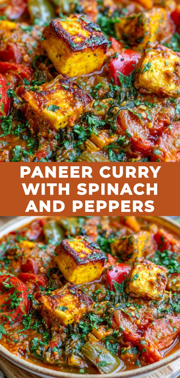 A hearty, homemade paneer curry brimming with vibrant spinach and colorful bell peppers.