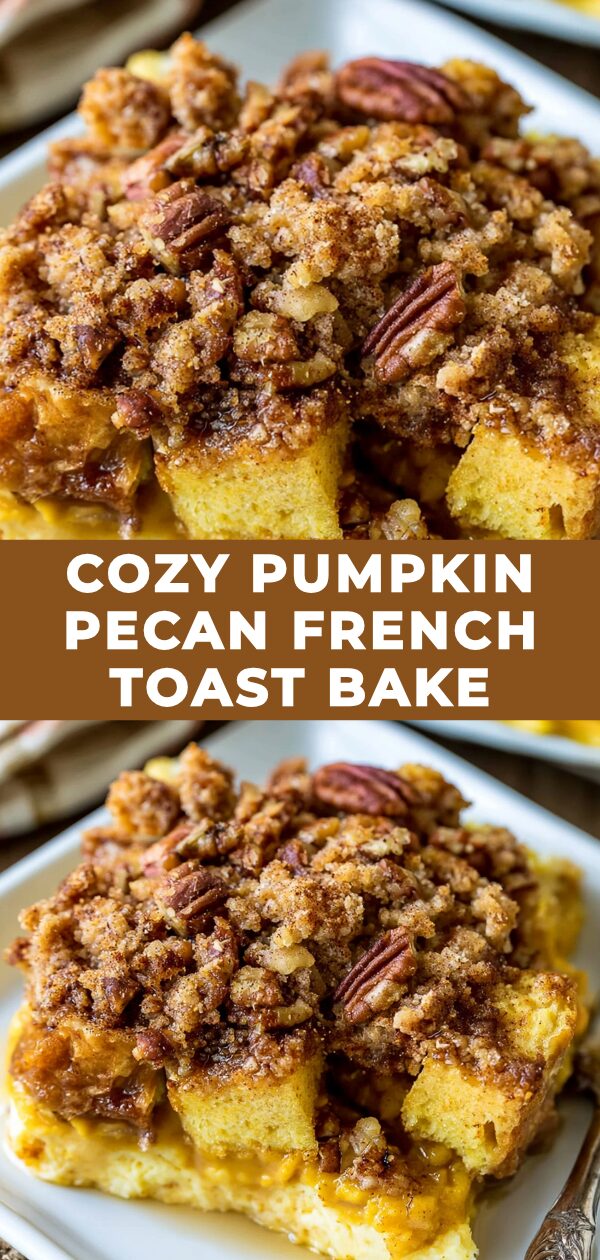 A warm, inviting pumpkin pecan French toast bake is ready to be served.
