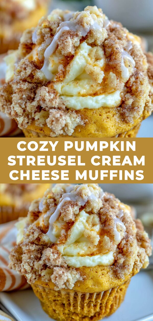 Golden-brown pumpkin streusel muffins with a dollop of cream cheese filling are arranged on a white surface.