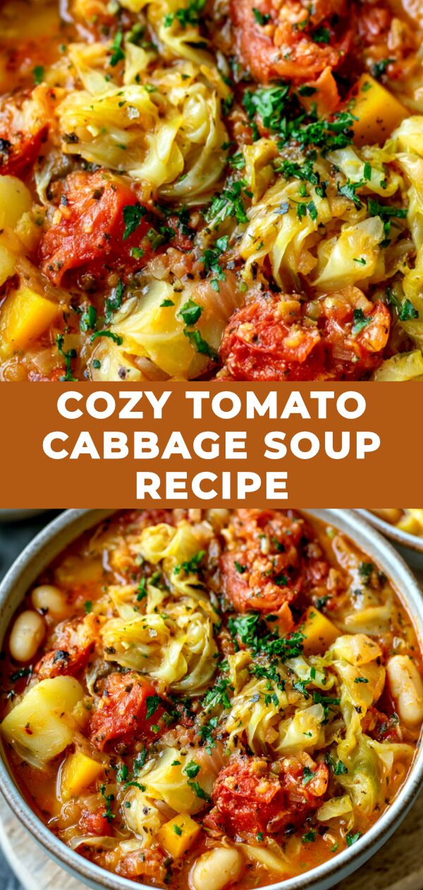 A steaming bowl of tomato cabbage soup, brimming with fresh ingredients, promises warmth and wholesome flavor in this recipe.