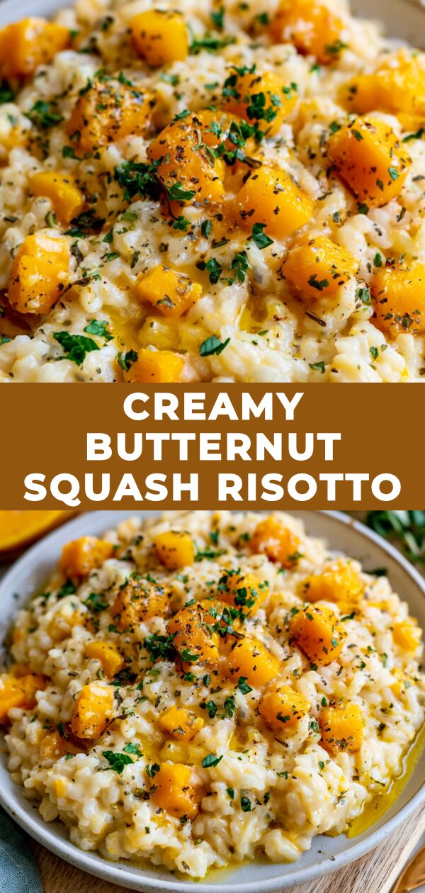 A steaming bowl of rich, golden butternut squash risotto, garnished with fresh herbs.