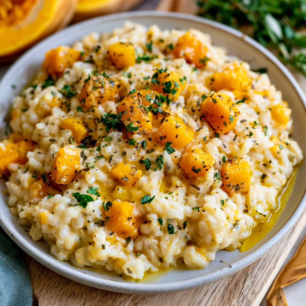 A comforting bowl of golden butternut squash risotto sits ready to be enjoyed, garnished with fresh herbs.