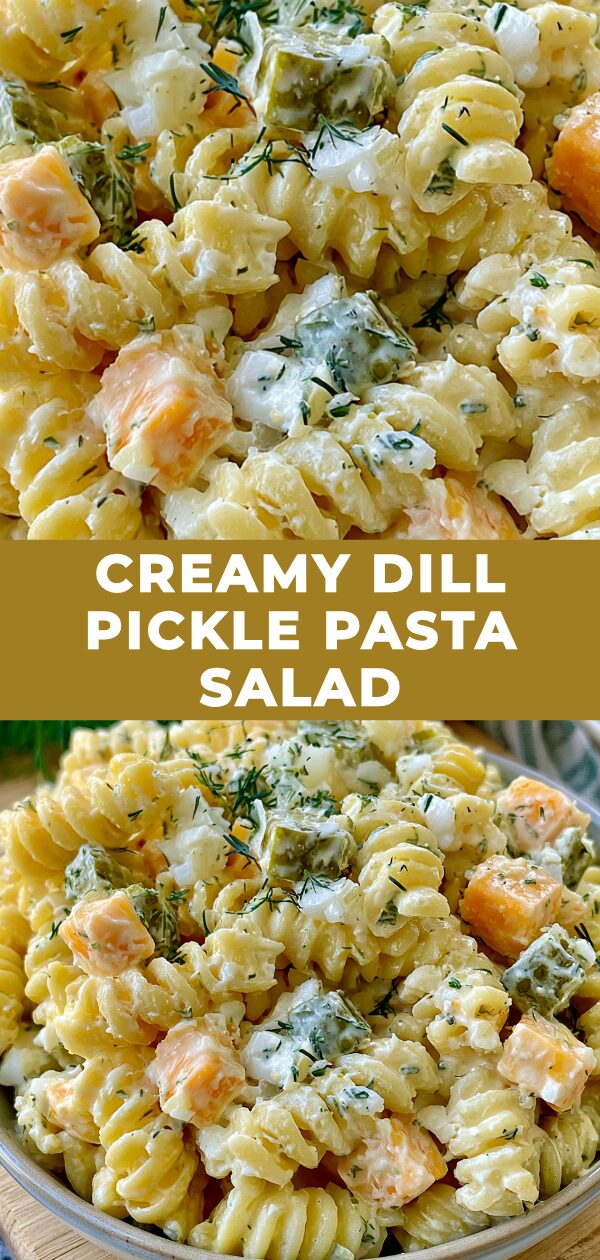 A vibrant pasta salad tossed in a creamy dill pickle dressing, featuring chopped pickles and fresh dill.