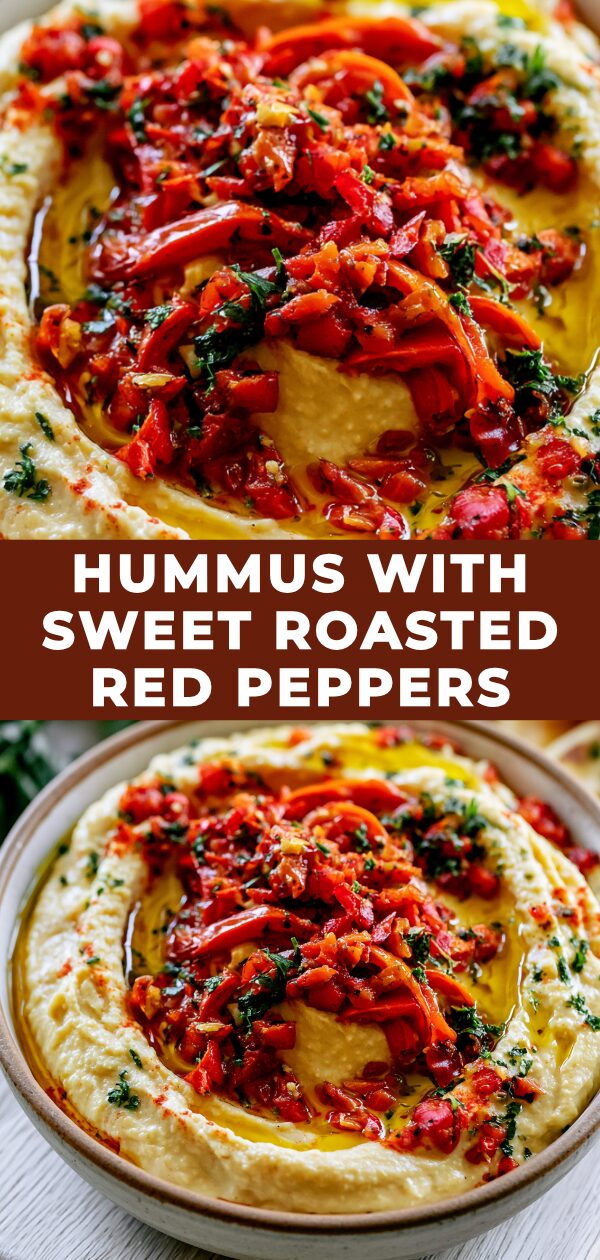 Smooth, golden hummus topped with vibrant, sweet roasted red pepper pieces.