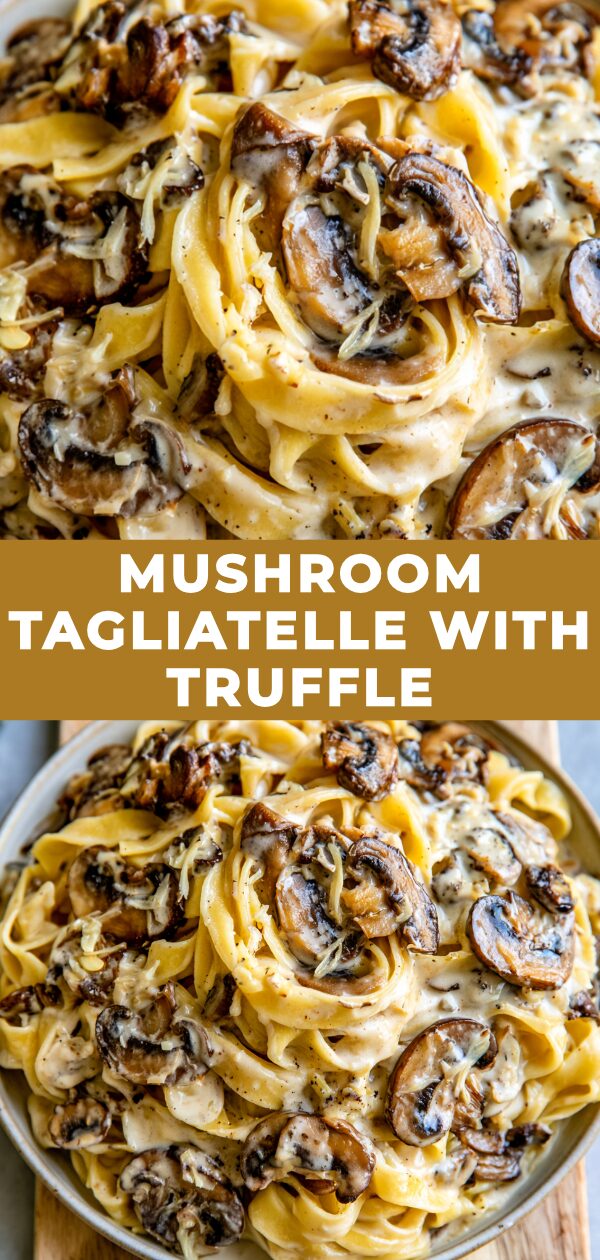 A serving of tagliatelle pasta coated in a rich, creamy mushroom sauce, artfully topped with shavings of truffle.