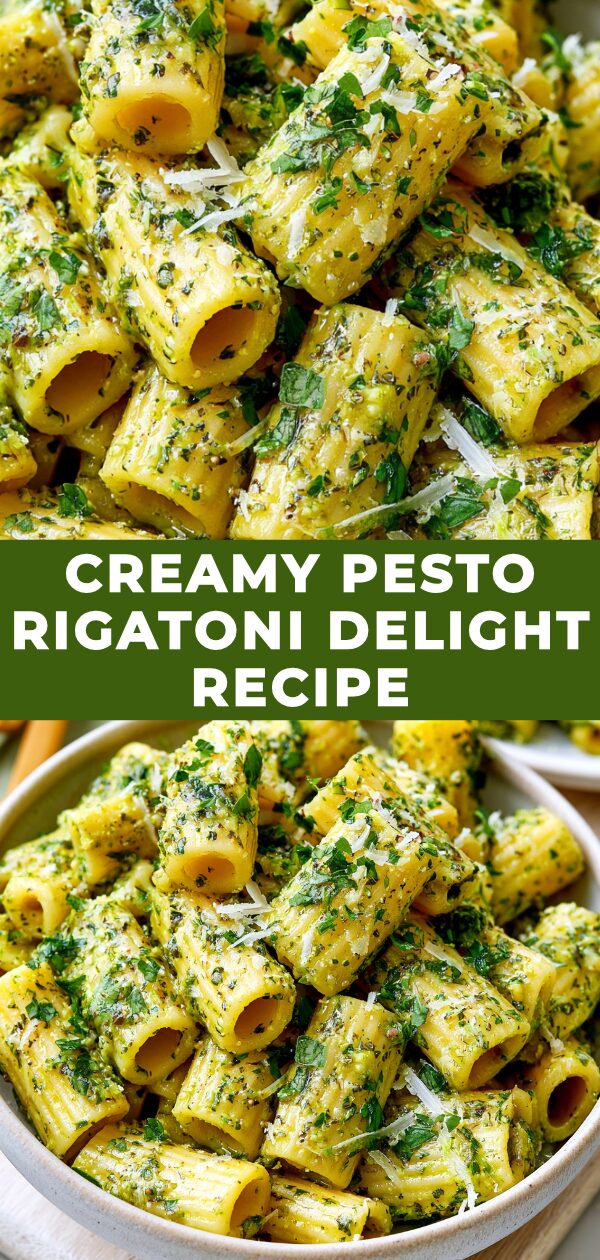 A fork twirls a generous portion of rigatoni coated in vibrant green pesto sauce, dotted with cherry tomatoes and fresh basil.