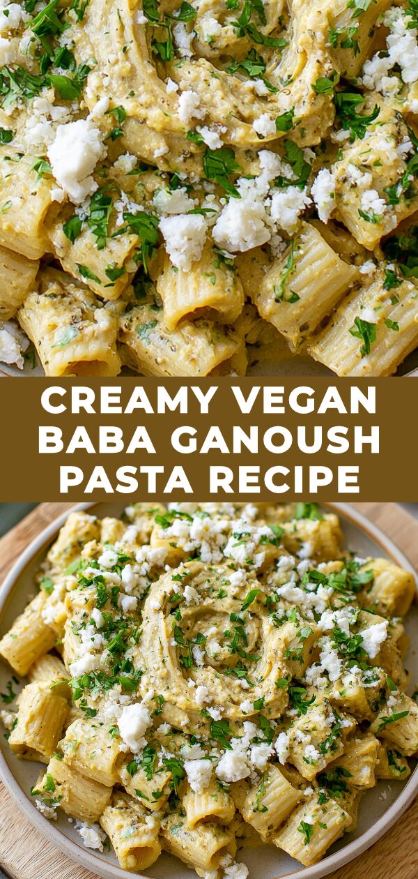 A bowl of pasta coated in smoky, creamy vegan baba ganoush sauce, garnished with fresh herbs.