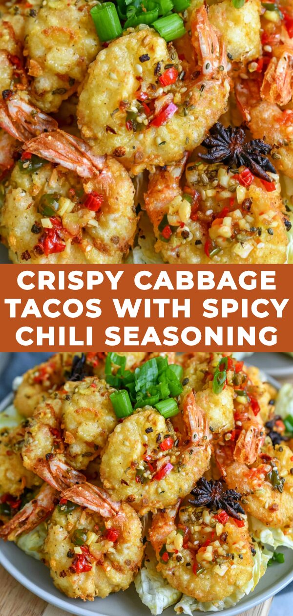 Spicy chili-seasoned crispy cabbage fills golden taco shells, garnished with fresh cilantro.