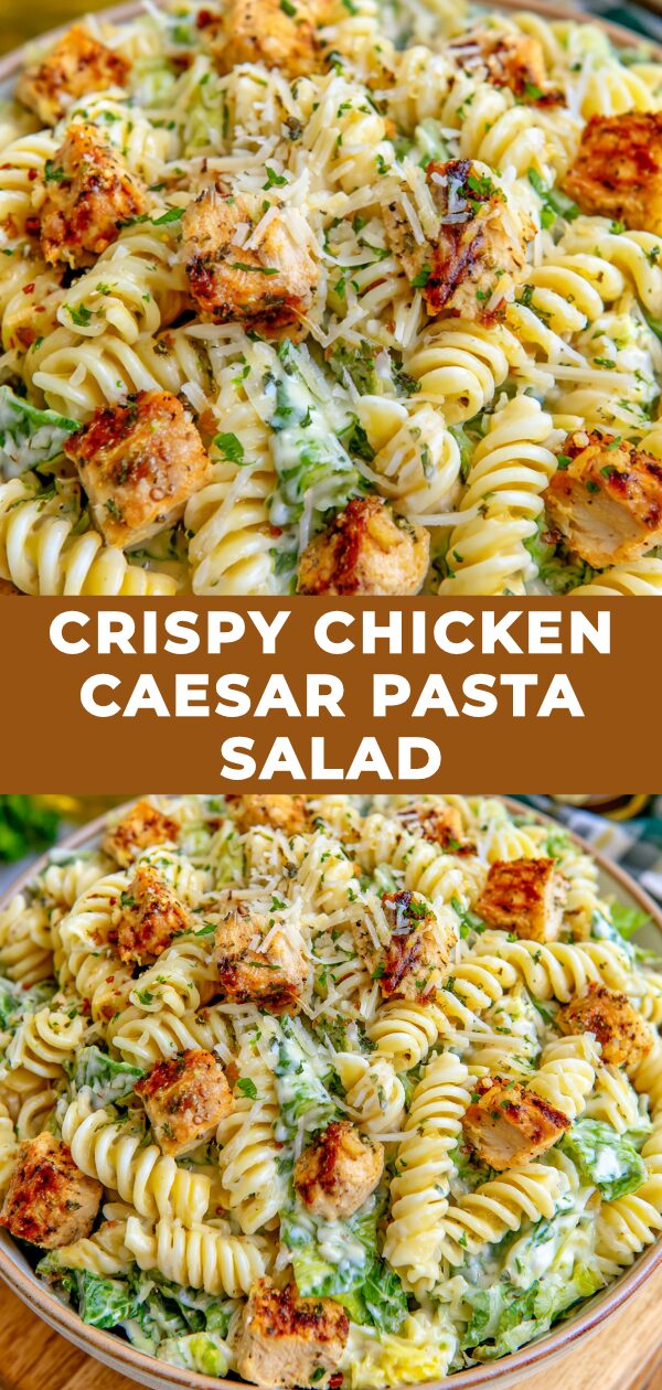 A vibrant pasta salad brimming with crispy chicken, romaine lettuce, croutons, and creamy Caesar dressing.