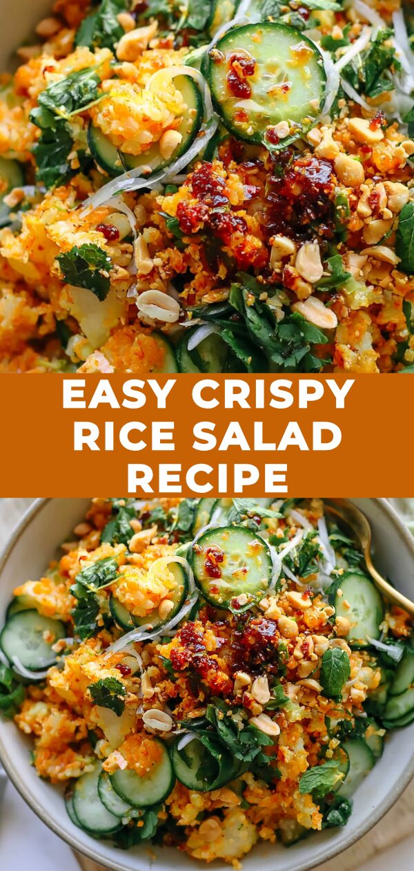 A vibrant and inviting bowl brimming with a crispy rice salad, showcasing a colorful medley of fresh ingredients.