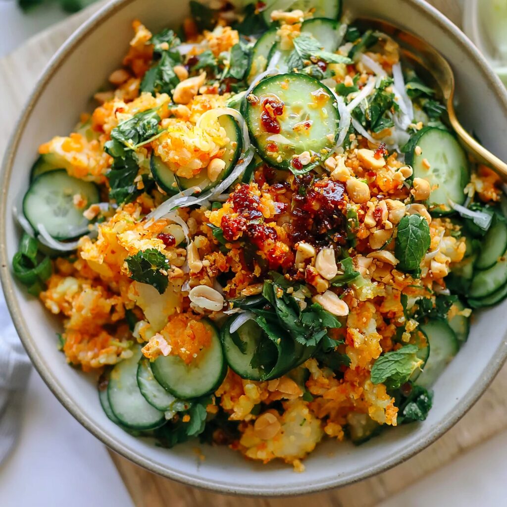 A vibrant bowl of crispy rice salad, featuring golden-brown rice puffs, fresh herbs, and bright vegetables.