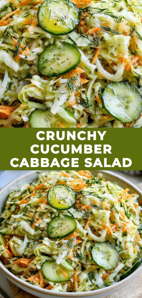 A vibrant salad showcases shredded cabbage and cucumber, tossed in a light dressing.