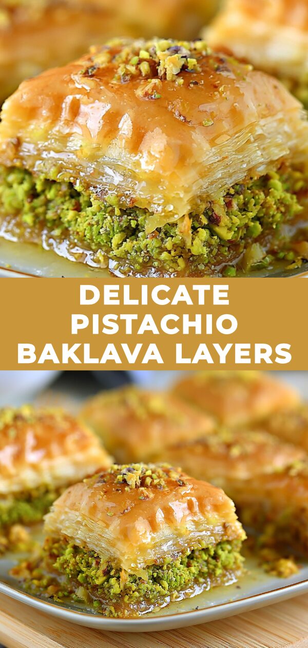 Thin, crisp layers of phyllo dough are generously filled with chopped pistachios and baked to a golden brown.