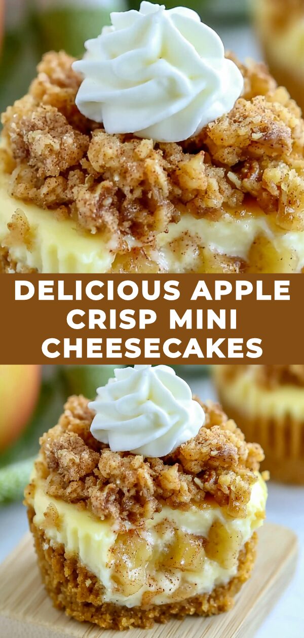 Individual cheesecakes topped with warm, spiced apple crumble.