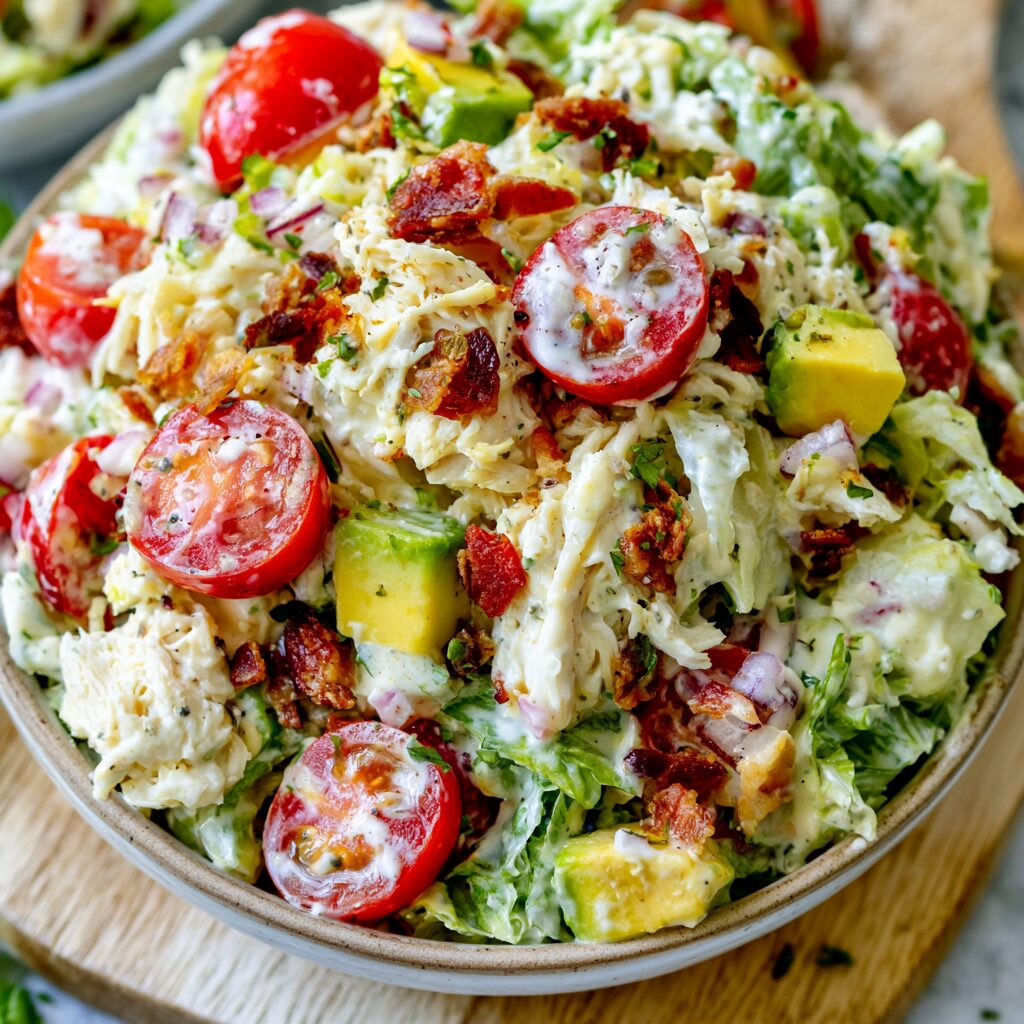 A hearty salad featuring chicken, bacon, lettuce, tomato, and ranch dressing.