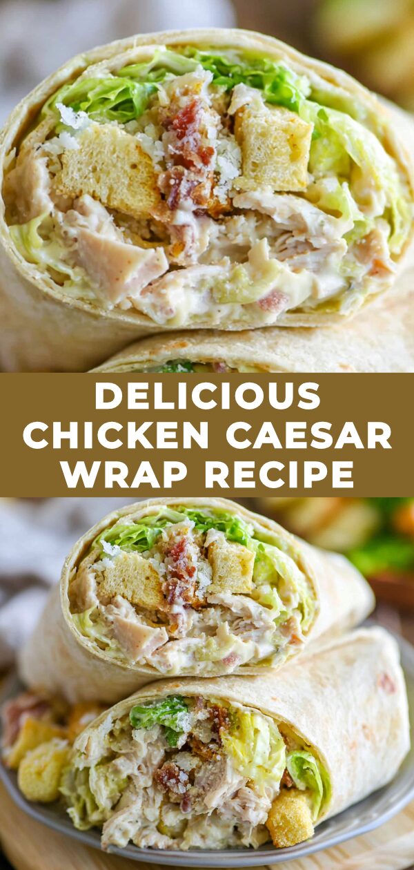 A fresh chicken Caesar wrap, bursting with flavor and neatly rolled in a tortilla, is ready to be enjoyed.