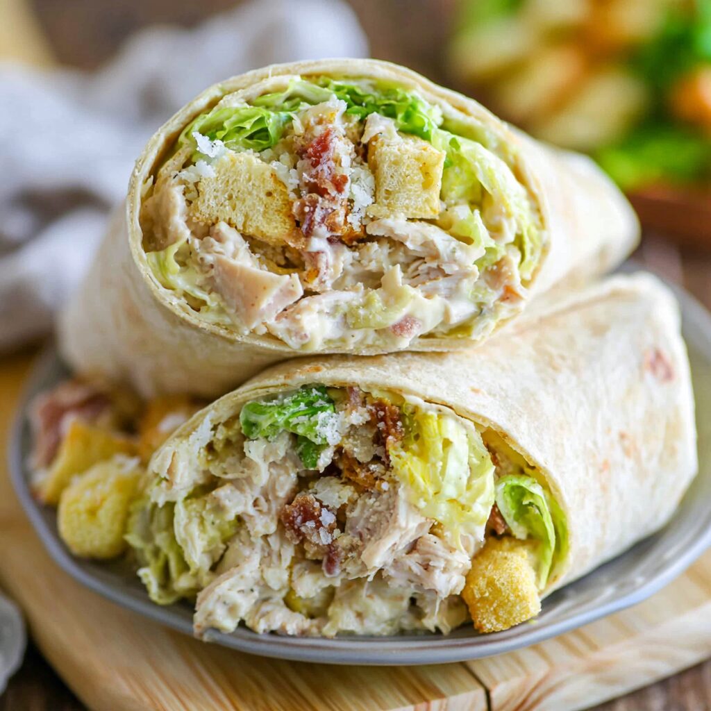 A grilled chicken Caesar salad rolled up in a soft tortilla, brimming with crisp lettuce and creamy dressing.