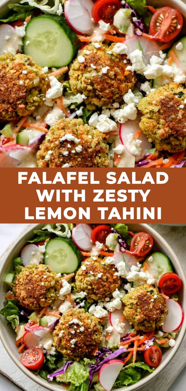 Golden falafel balls rest atop a colorful salad drizzled with bright lemon tahini dressing.