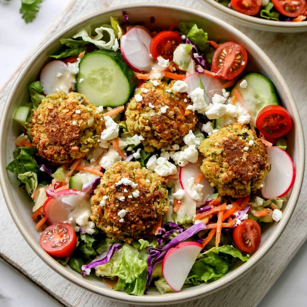 Golden falafel balls nestled on a vibrant bed of mixed greens, tomatoes, and cucumbers, drizzled with creamy lemon tahini dressing.