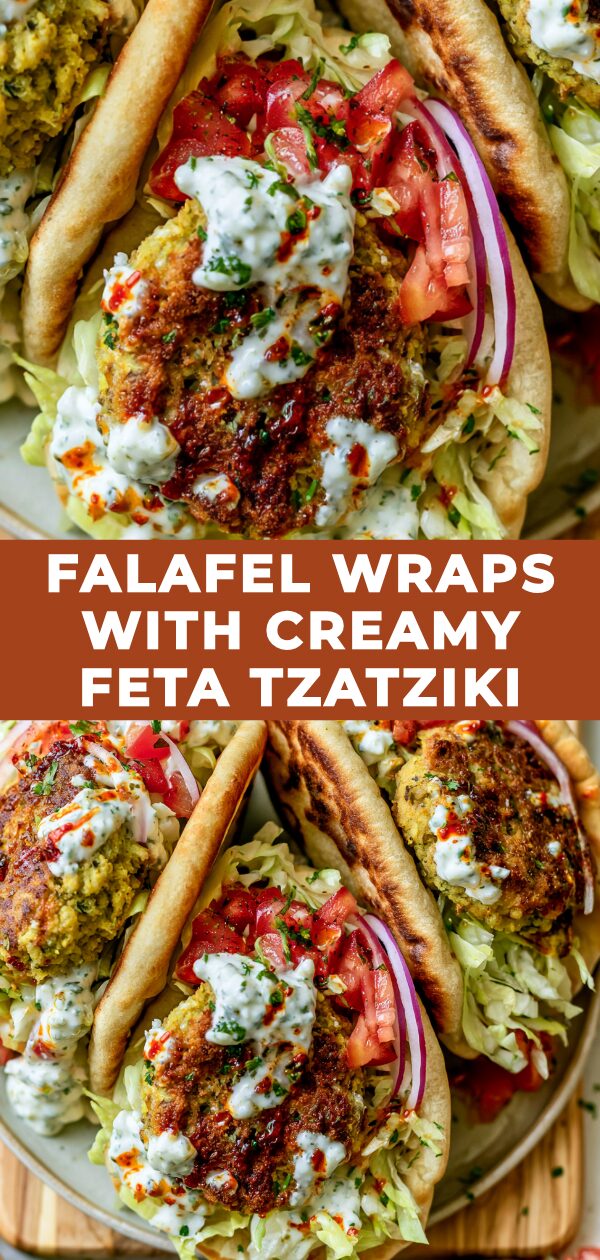 Golden-brown falafel balls and crisp vegetables are nestled in soft pita bread, drizzled with a tangy, creamy feta tzatziki sauce.