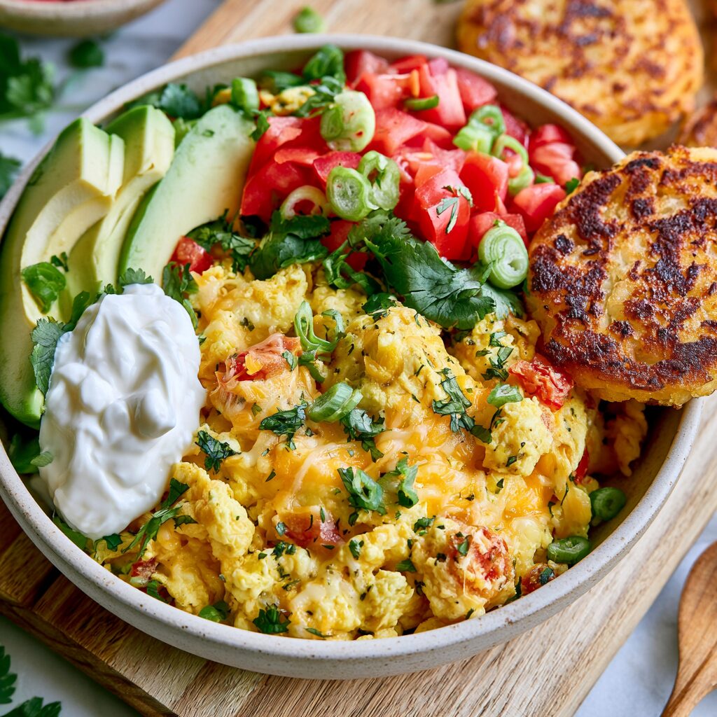 A vibrant bowl brimming with colorful ingredients, showcasing a healthy and satisfying high-protein breakfast.