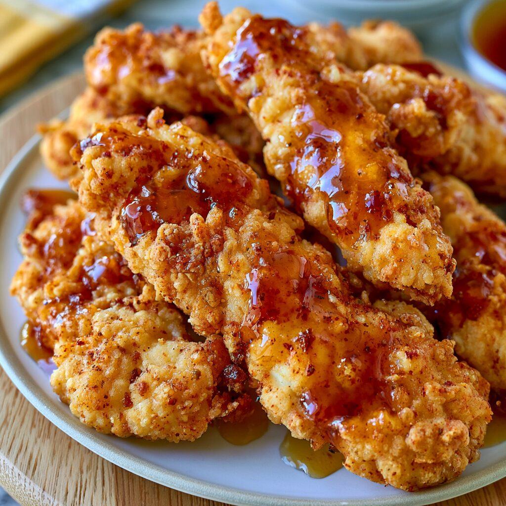 Crispy chicken tenders coated in a sweet and spicy hot honey glaze.
