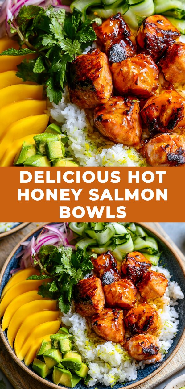 A vibrant salmon bowl topped with glistening hot honey, avocado, and fresh greens.